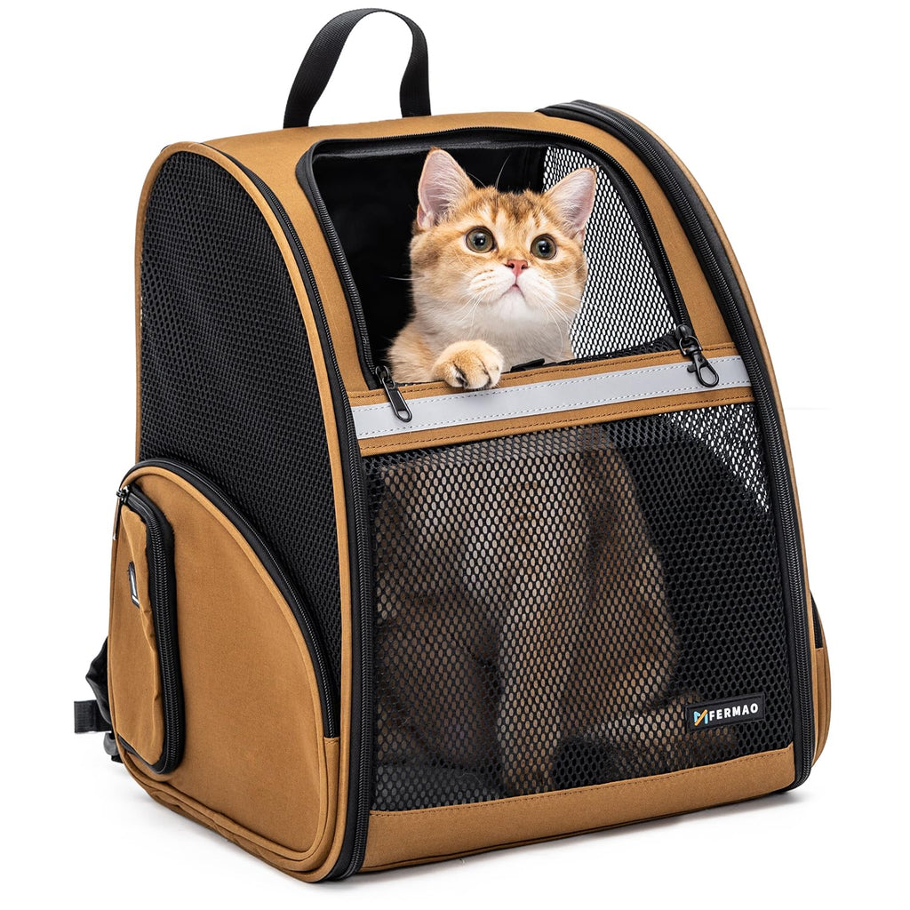 Brown Collapsible Pet Carrier Backpack with Ventilated Mesh T274