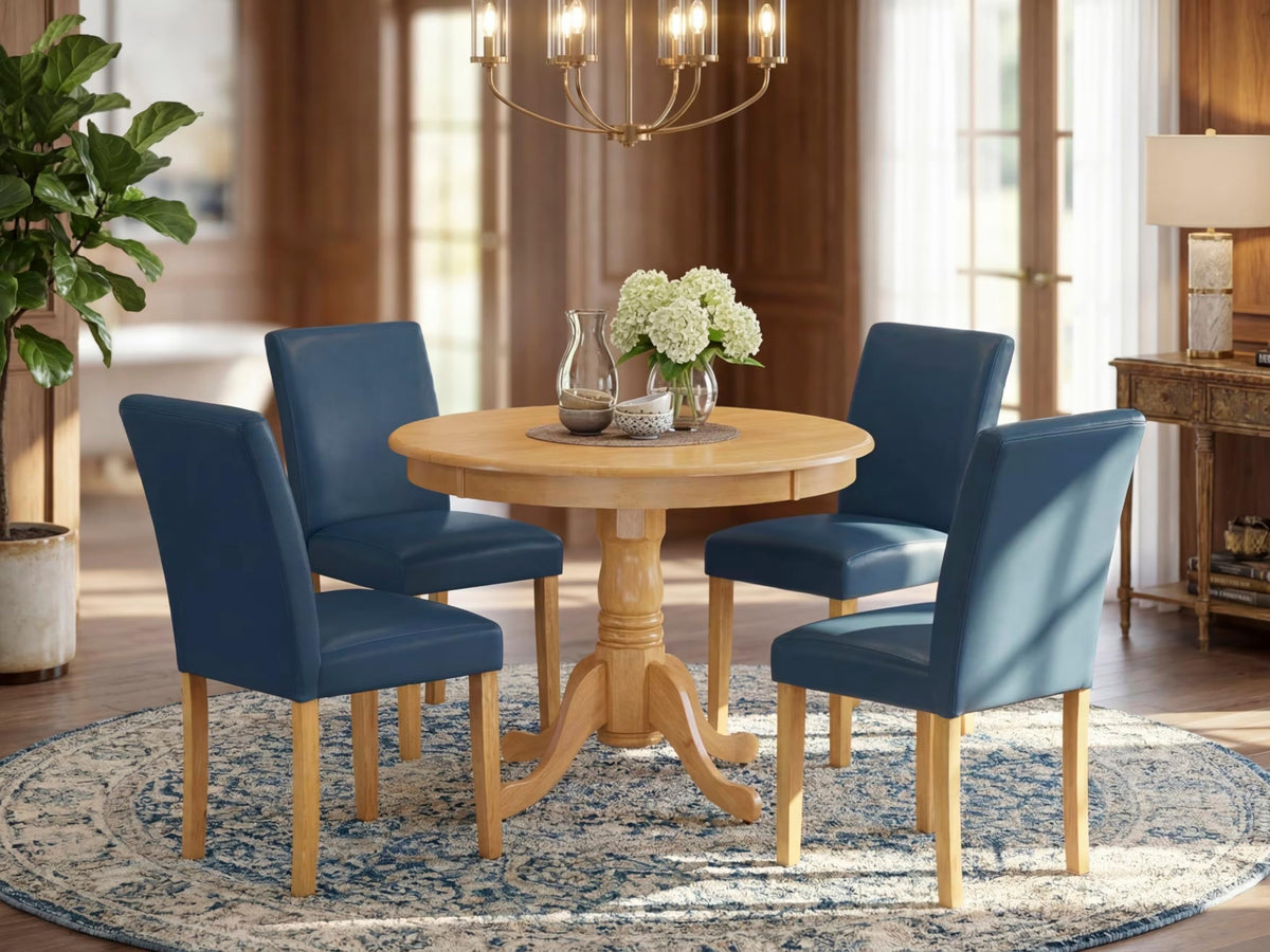 5 Piece Oak Dining Table Set with 4 Blue Faux Leather Chairs T855077