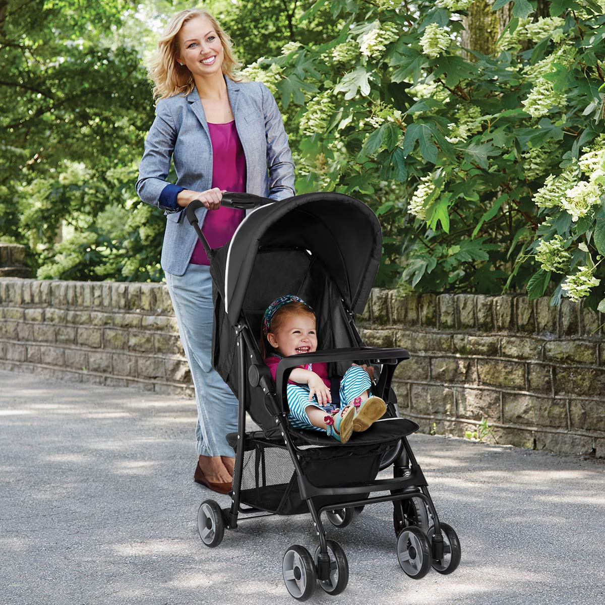 Lightweight Compact Toddler Travel Stroller with Canopy, 5-Point Harness, Storage Basket, One-Hand Fold, Black L953048