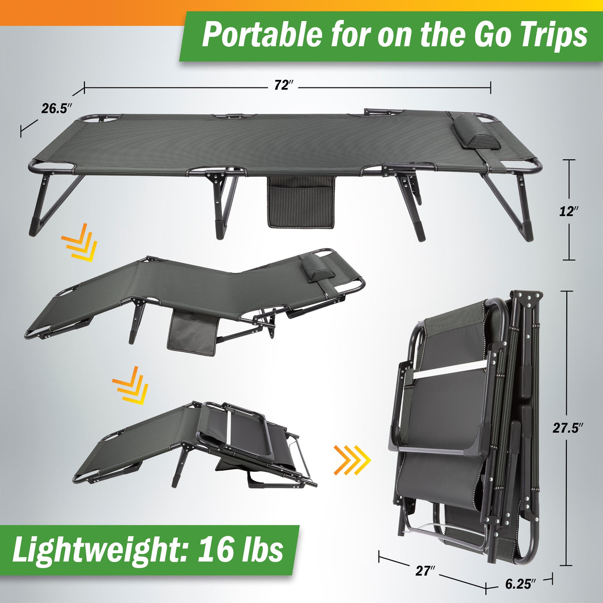 Folding Camping Cot with Mattress, Heavy Duty Foldable Bed with 3 Recline Positions, Gray Q22918