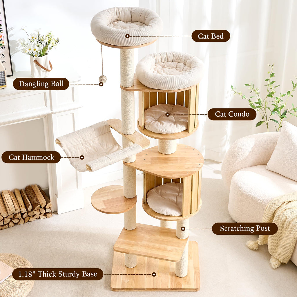 Solid Wood 70 Inches Tall Cat Tree Tower with Scratching Post V758