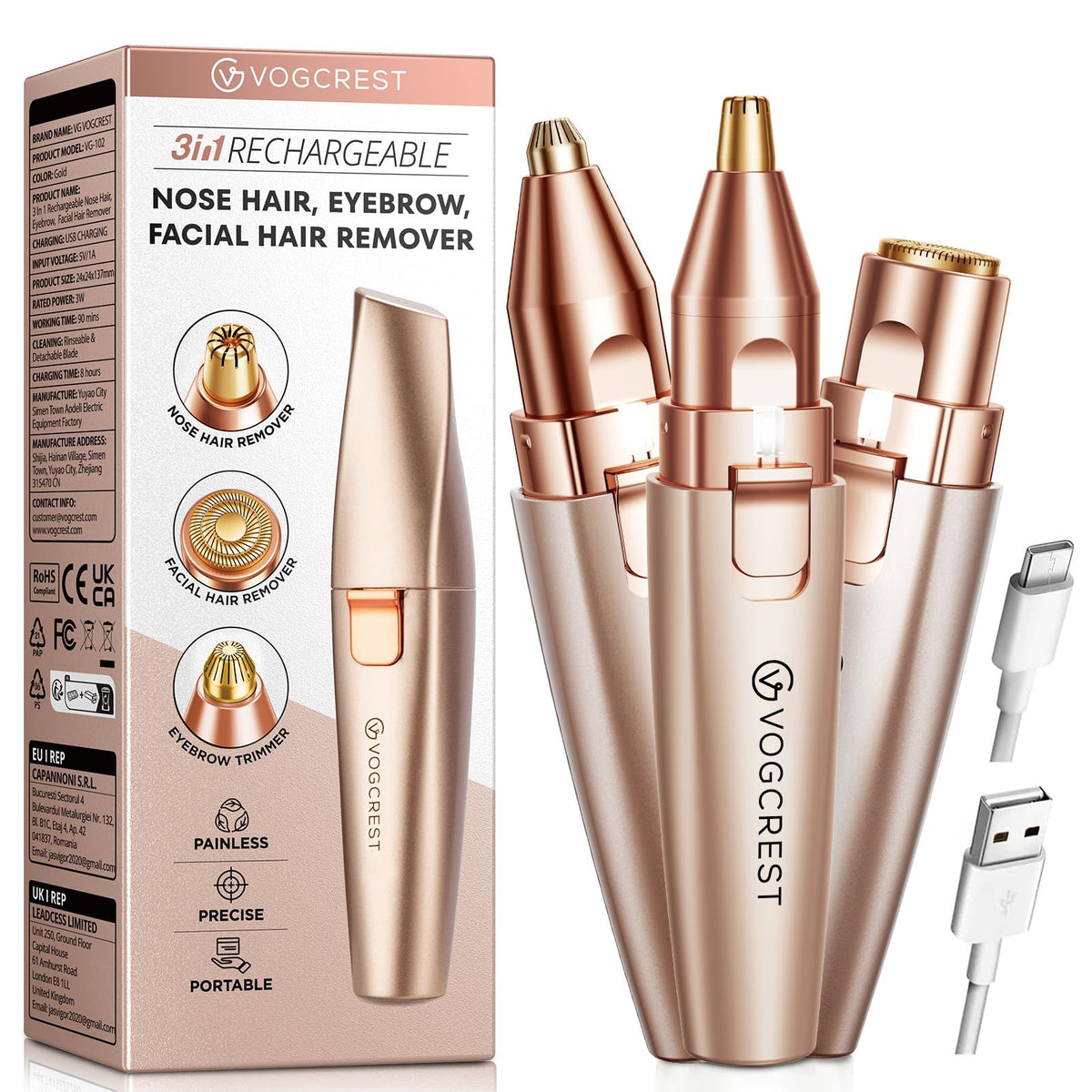 Nose Hair Trimmer 3 in1 Rechargeable Facial Hair Removal & Eyebrow Shaver Y201284