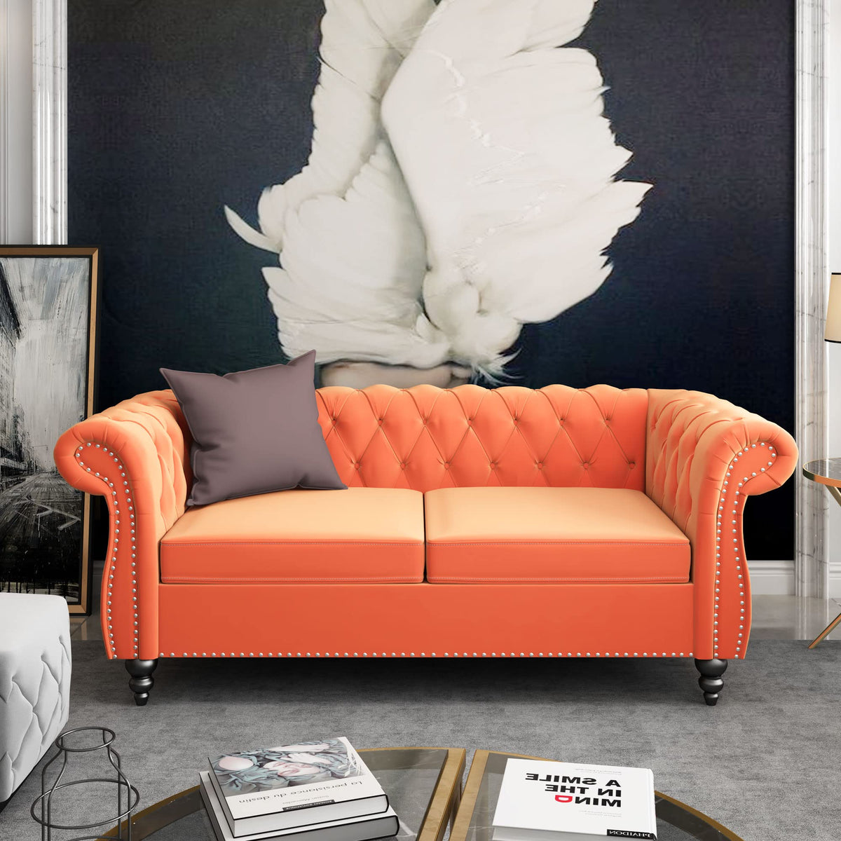 Orange Velvet Chesterfield Sofa Loveseat and Chair W1384