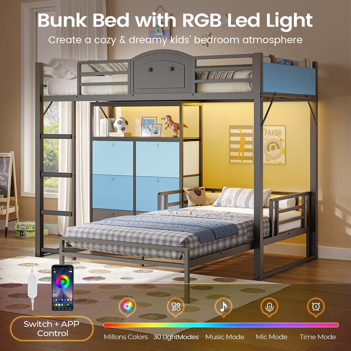 Twin Over Twin Metal Bunk Bed with 6 Storage Drawers T43220