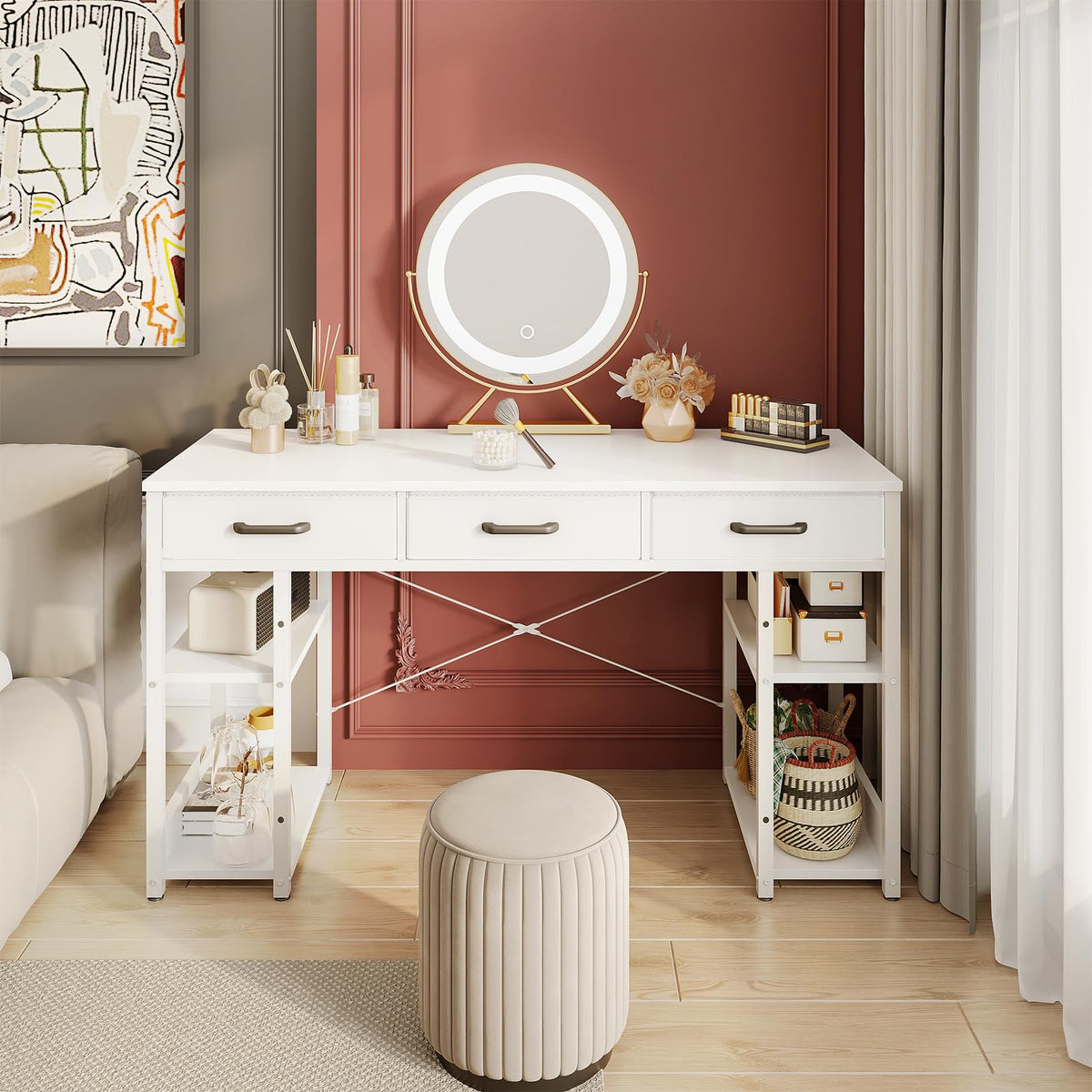White 48" Computer Desk with Fabric Drawers and Storage Shelves M980158