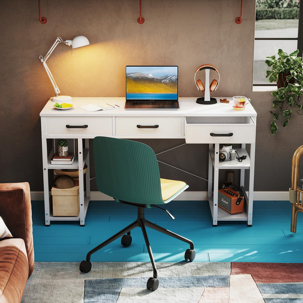 White 48" Computer Desk with Fabric Drawers and Storage Shelves M980158