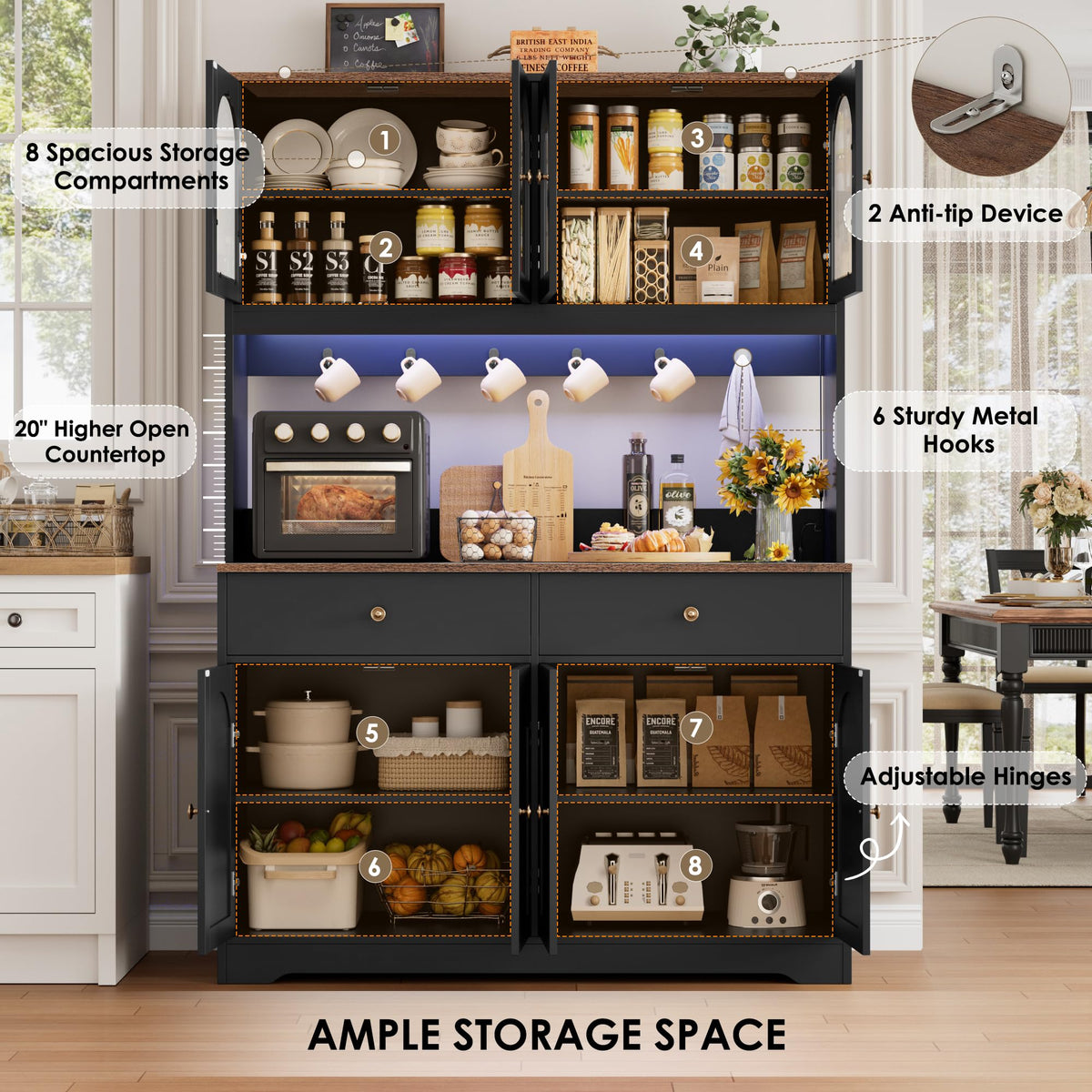 71" Black Kitchen Pantry Cabinet with Power Outlet B522