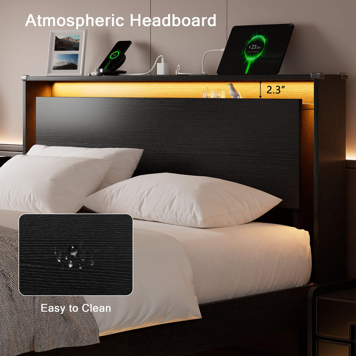 Full Size Wood Bed Frame with Storage Headboard and LED Lights N768