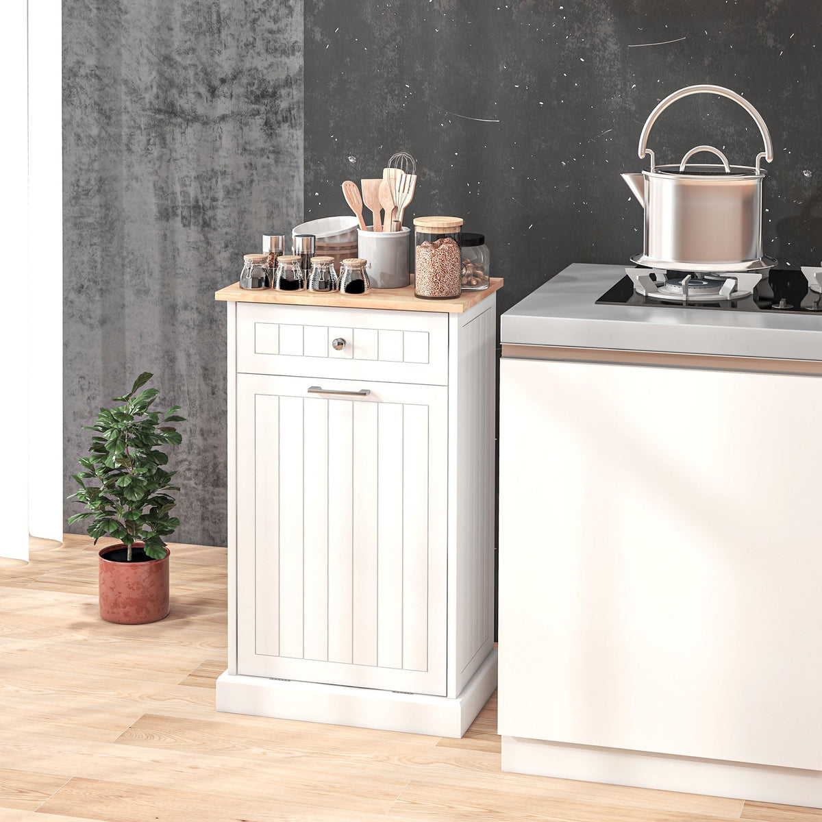 White Wooden 10 Gallon Tilt-Out Trash Cabinet with Drawer V582678