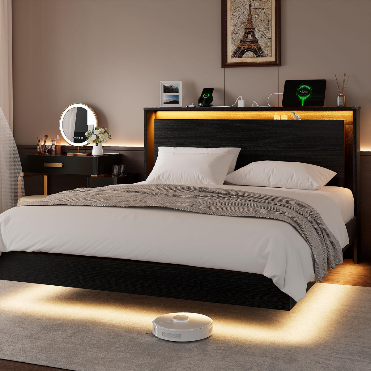 Full Size Wood Bed Frame with Storage Headboard and LED Lights N768