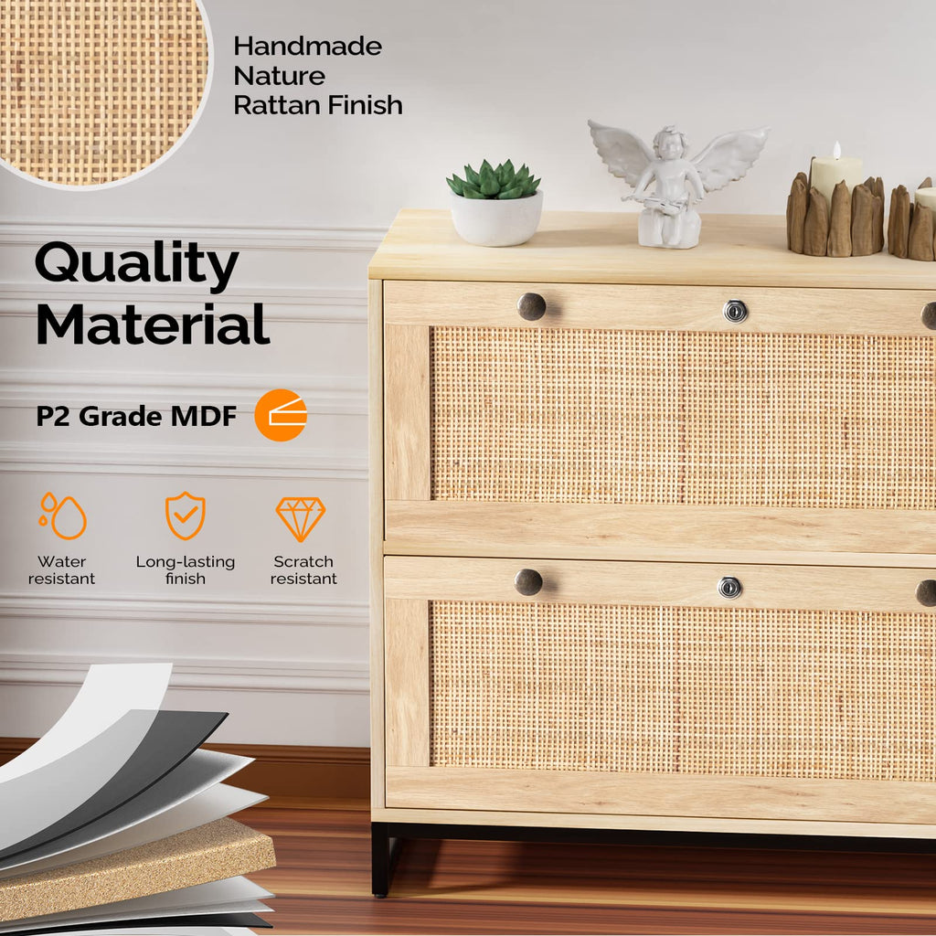 Oak Wood Rattan 2 Drawer Lateral File Cabinet with Lock Y94731