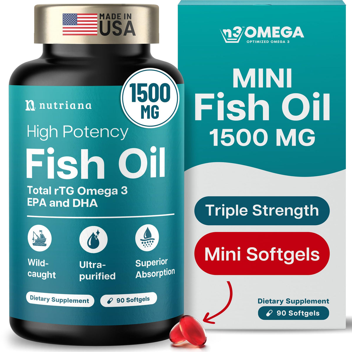 1500mg Omega 3 Fish Oil Softgels with EPA & DHA, 90 Softgels F3249