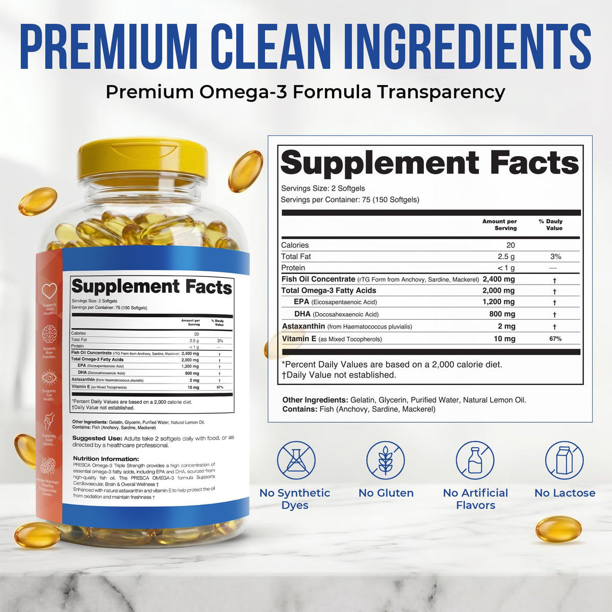 Omega 3 Fish Oil 2400mg 150 Softgels O4585