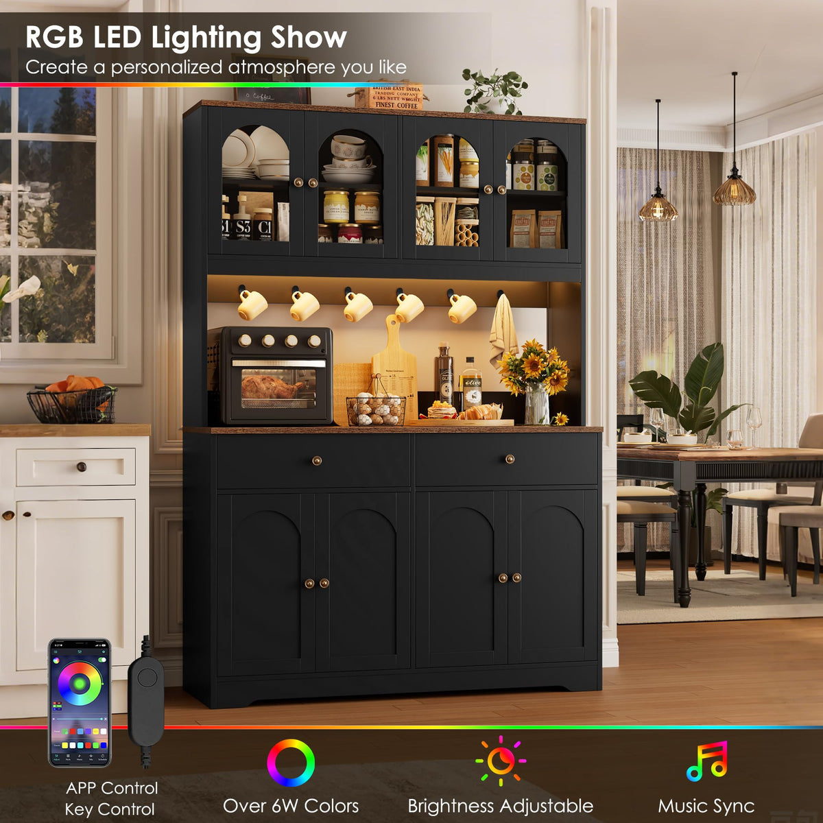 71" Black Kitchen Pantry Cabinet with Power Outlet B522