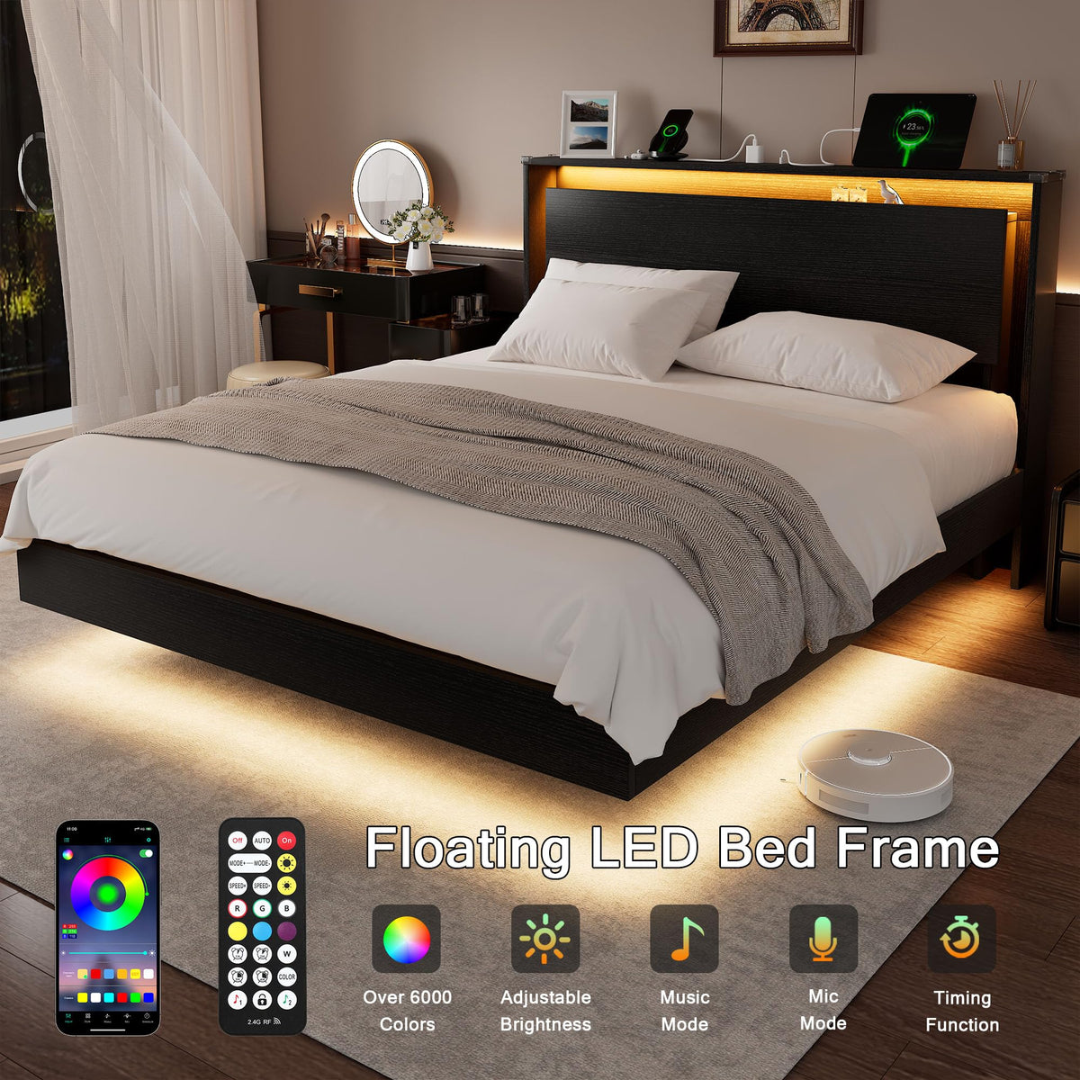 Full Size Wood Bed Frame with Storage Headboard and LED Lights N768
