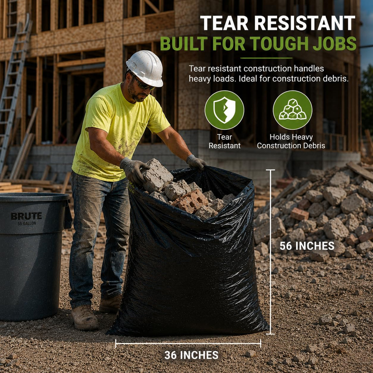 55 Gallon 2 Mil Black Heavy Duty Trash Bags, 20 Count Q794864