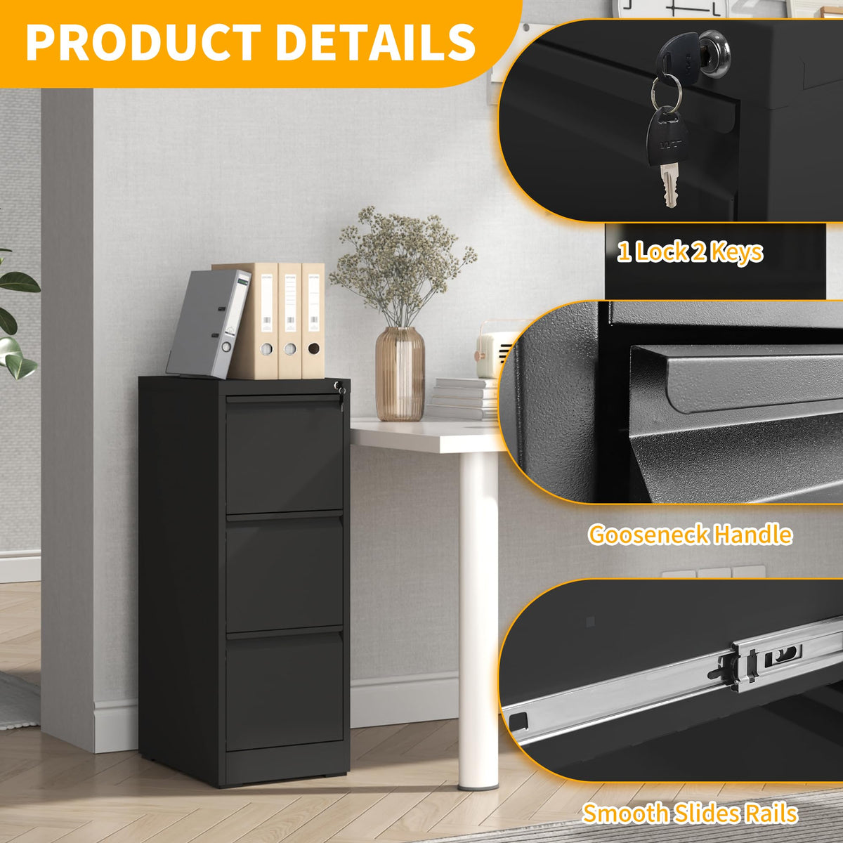 3 Drawer Black Metal File Cabinet with Lock L216758