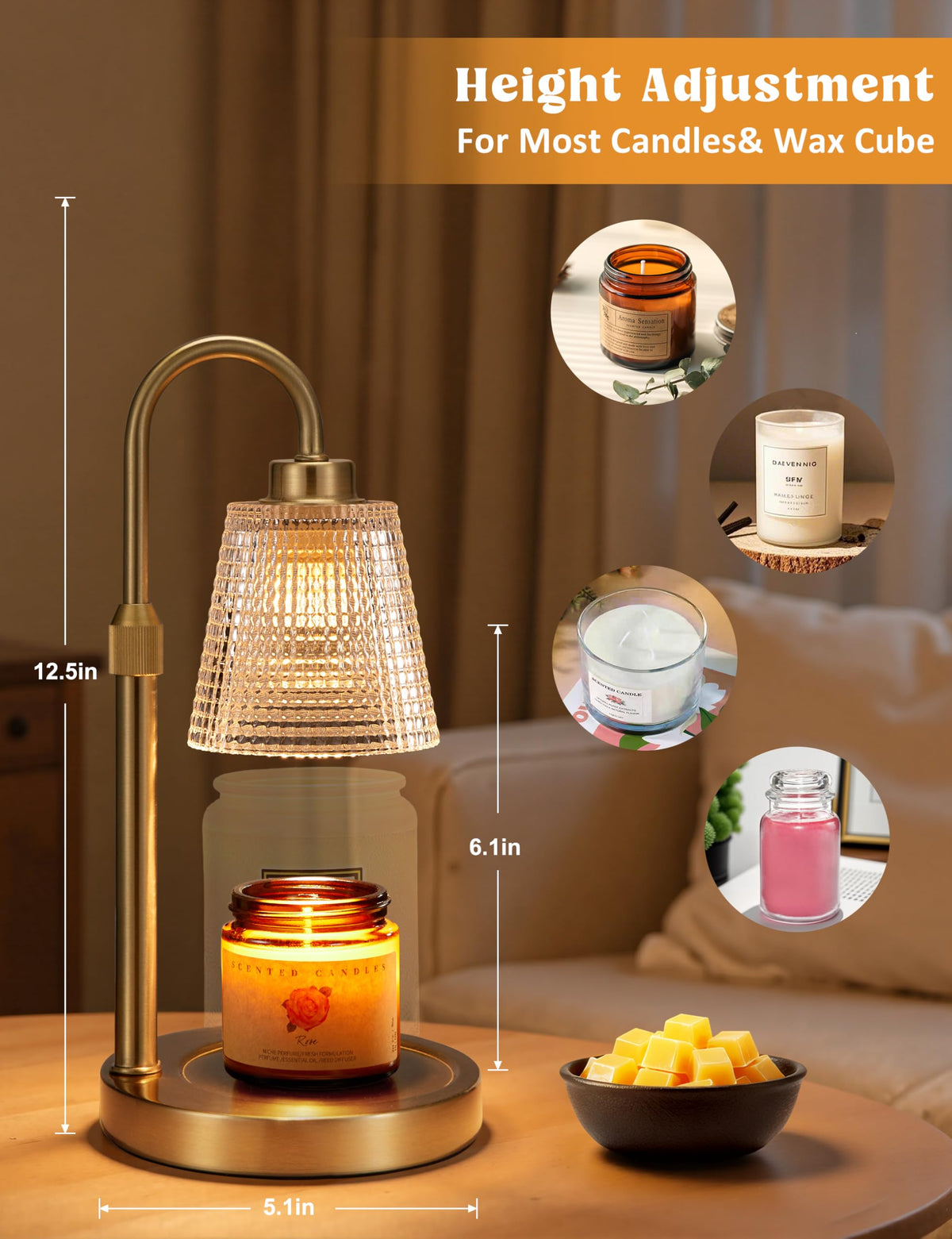 Gold Candle Warmer Lamp with Timer, Dimmable, Height Adjustable J85507