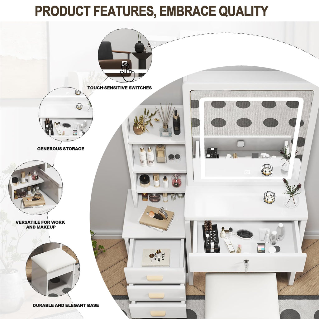White 4 Drawer Vanity Desk Set with Mirror W223