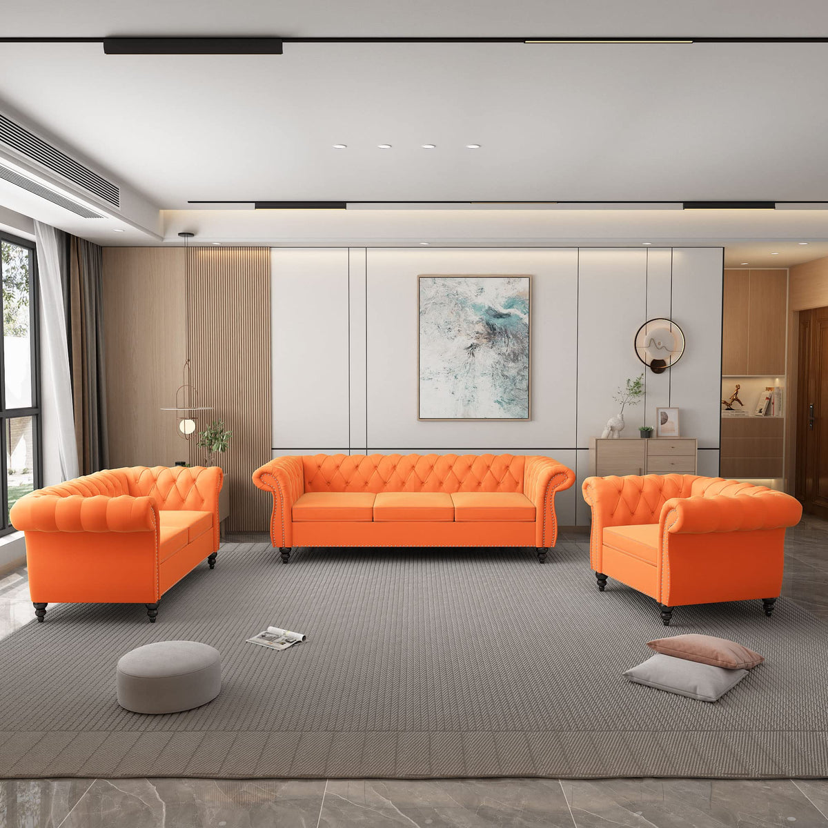 Orange Velvet Chesterfield Sofa Loveseat and Chair W1384
