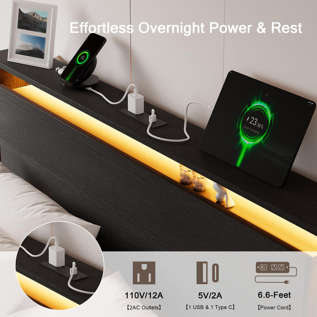 Full Size Wood Bed Frame with Storage Headboard and LED Lights N768