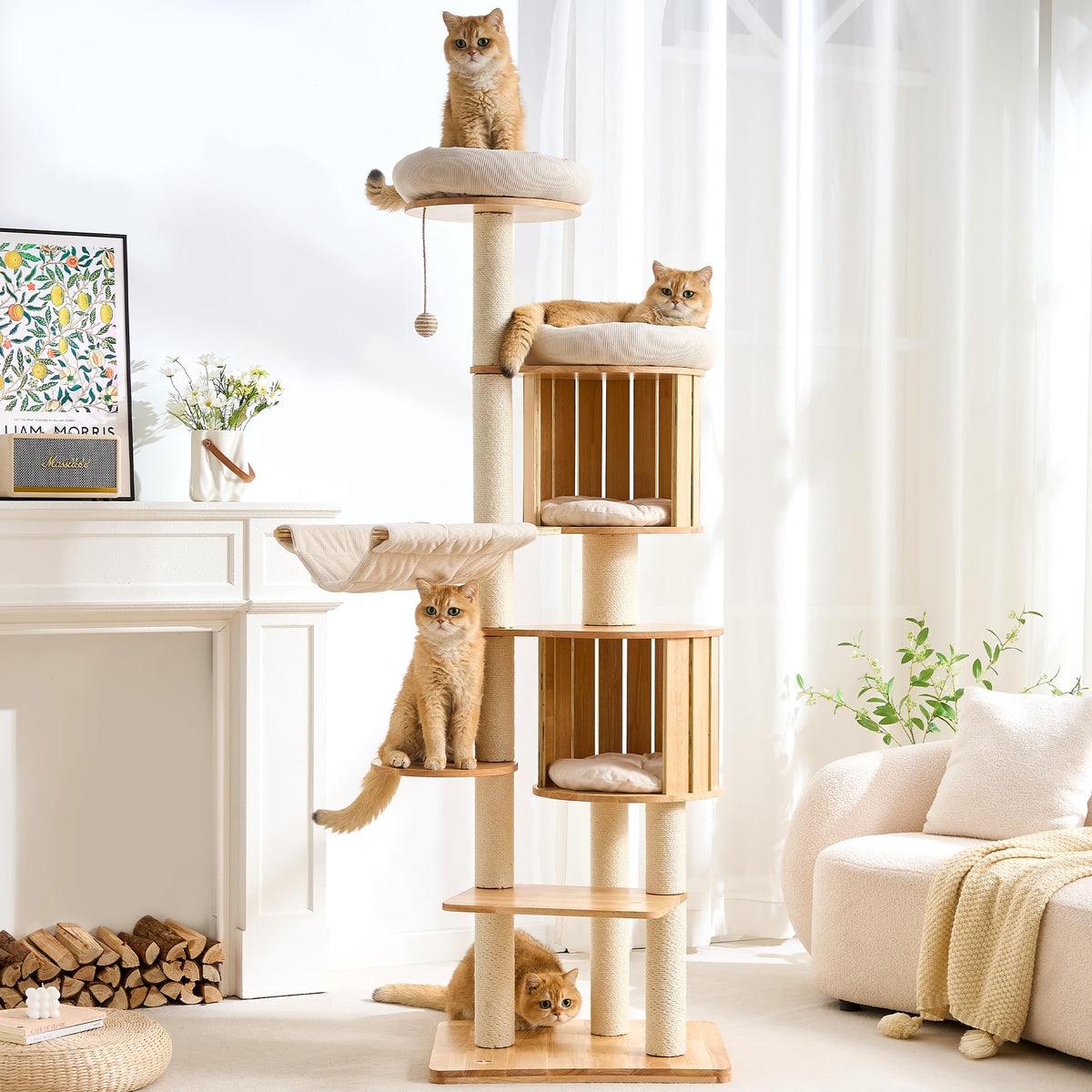 Solid Wood 70 Inches Tall Cat Tree Tower with Scratching Post V758