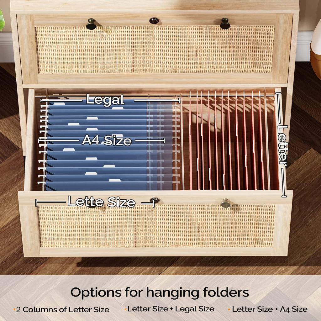 Oak Wood Rattan 2 Drawer Lateral File Cabinet with Lock Y94731