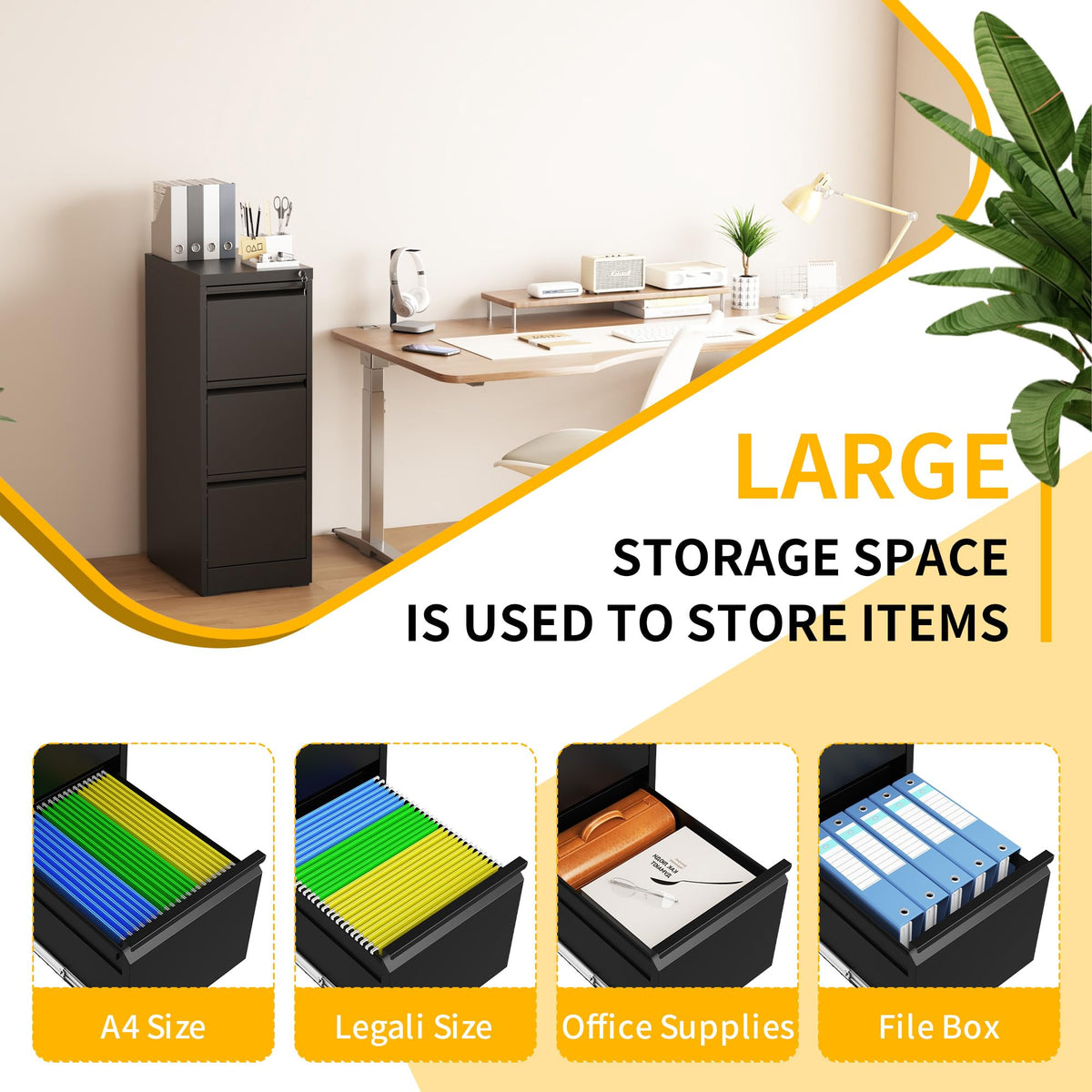 3 Drawer Black Metal File Cabinet with Lock L216758