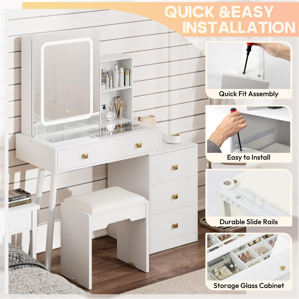 White Vanity Desk with Sliding Mirror and Lights, 4 Drawers, Stool D555