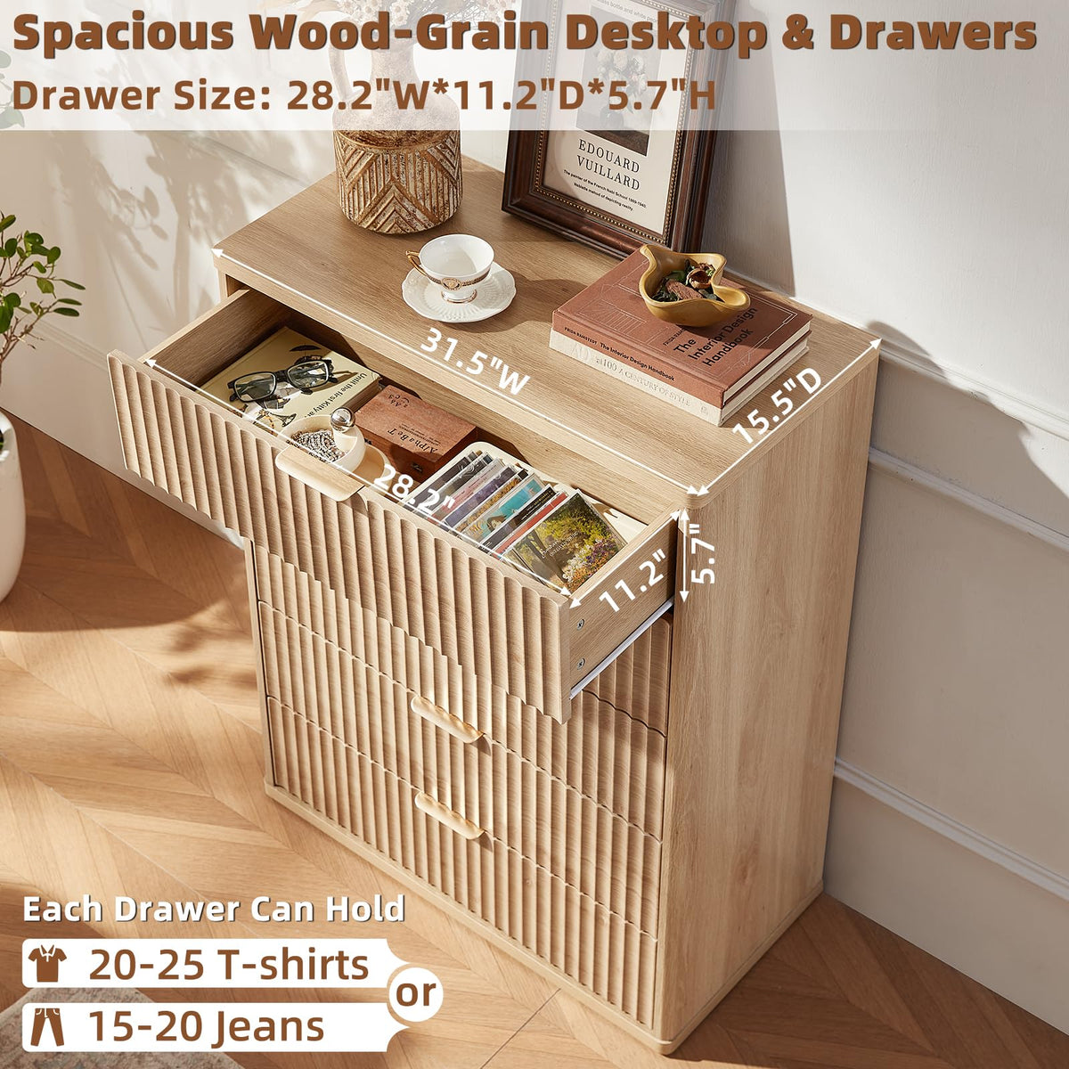 Fluted 5 Drawers Natural Wood Dresser B92145