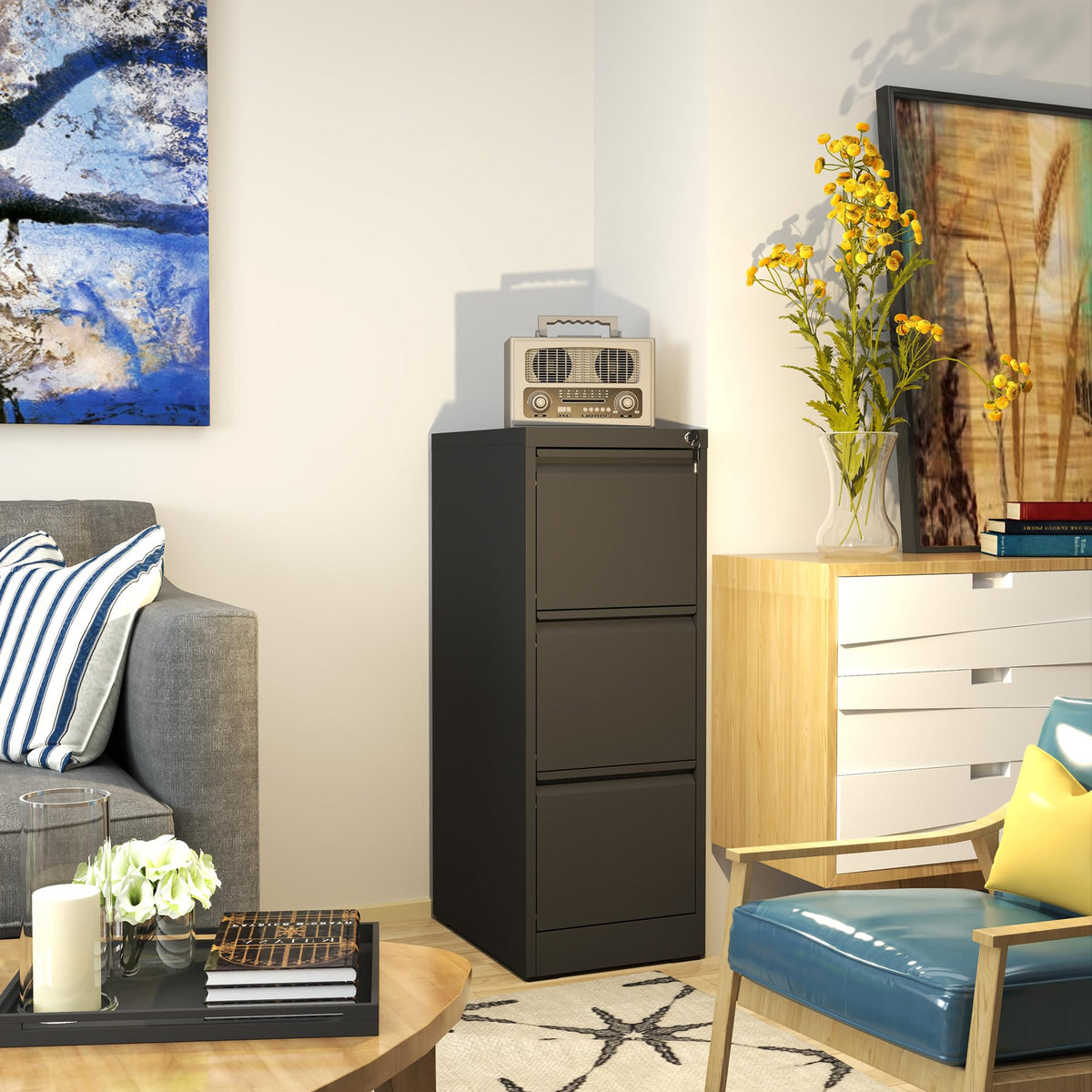 3 Drawer Black Metal File Cabinet with Lock L216758