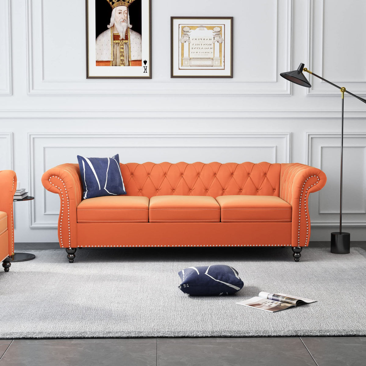 Orange Velvet Chesterfield Sofa Loveseat and Chair W1384