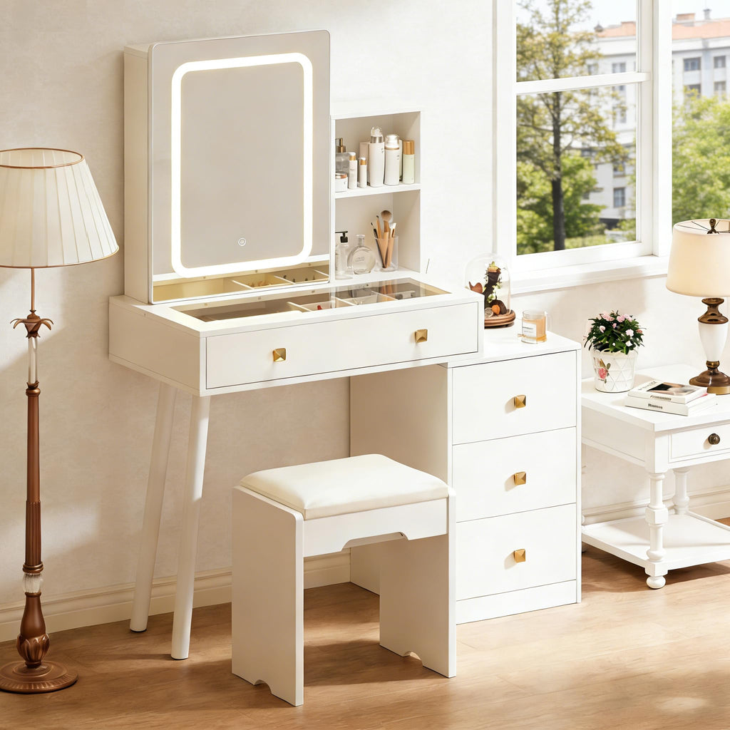 White Vanity Desk with Sliding Mirror and Lights, 4 Drawers, Stool D555