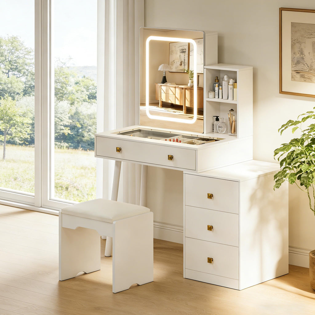 White Vanity Desk with Sliding Mirror and Lights, 4 Drawers, Stool D555