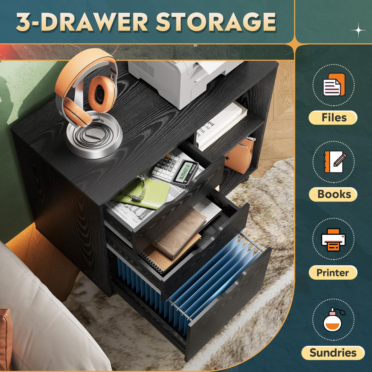 Black 3-Drawer Wood File Cabinet D39492