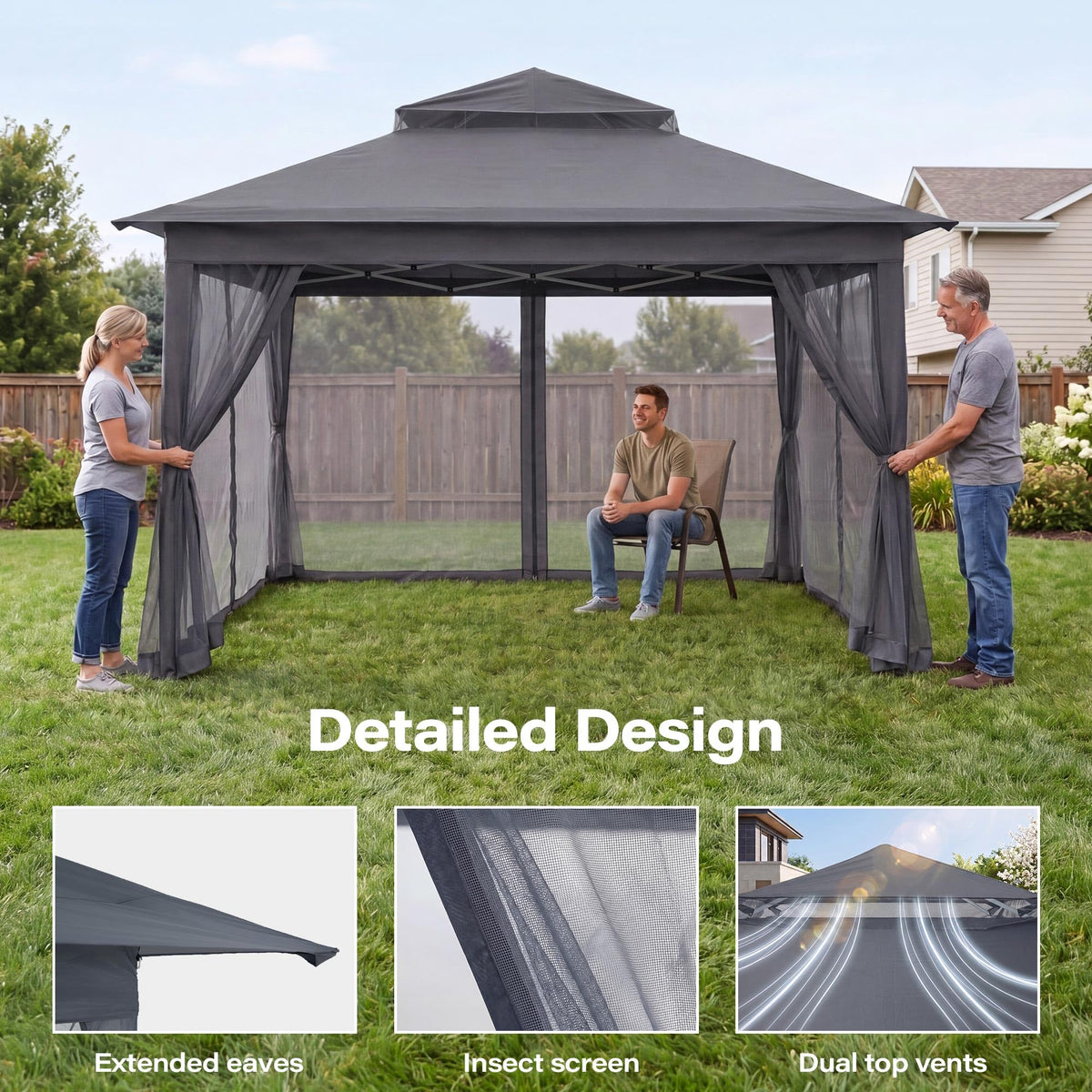 11x11 Pop Up Gazebo Canopy Tent with Mosquito Netting, Adjustable Height, Gray P214865