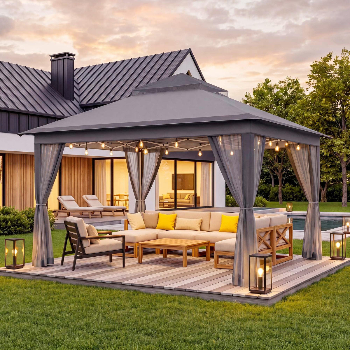 11x11 Pop Up Gazebo Canopy Tent with Mosquito Netting, Adjustable Height, Gray P214865