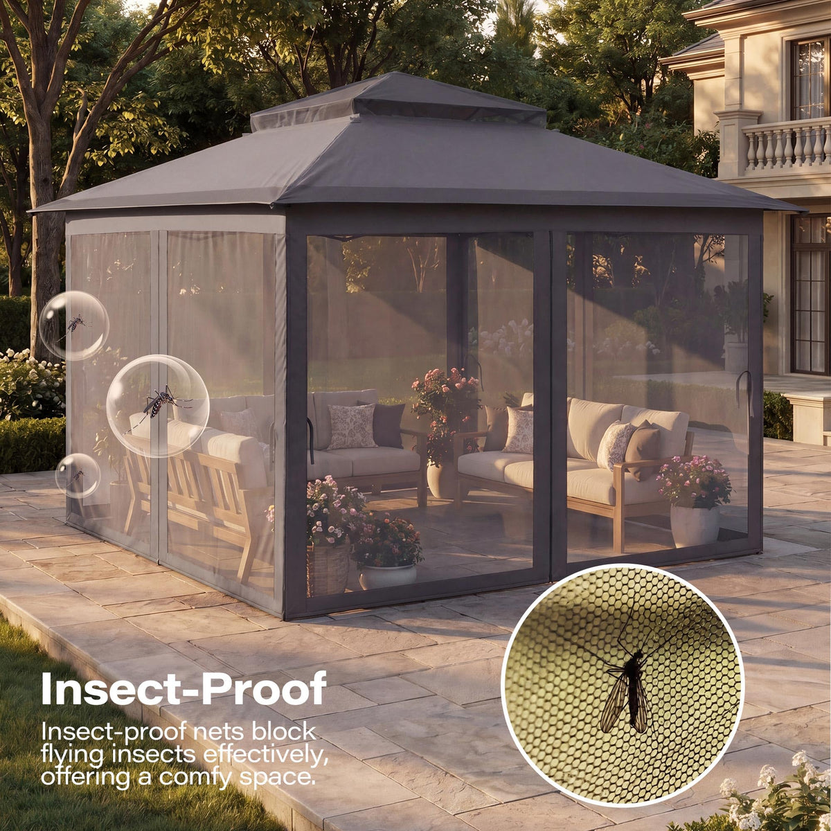 11x11 Pop Up Gazebo Canopy Tent with Mosquito Netting, Adjustable Height, Gray P214865