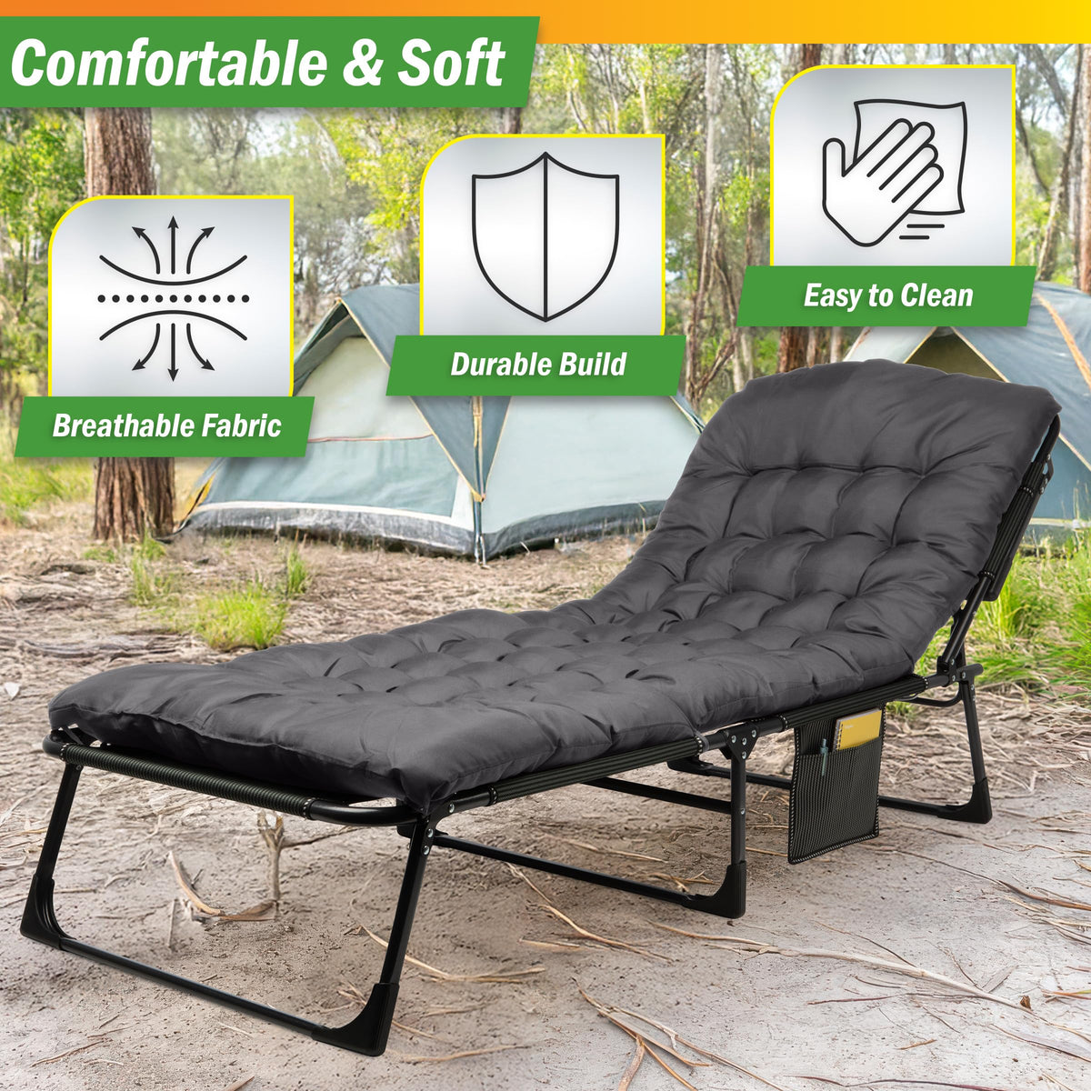 Folding Camping Cot with Mattress, Heavy Duty Foldable Bed with 3 Recline Positions, Gray Q22918