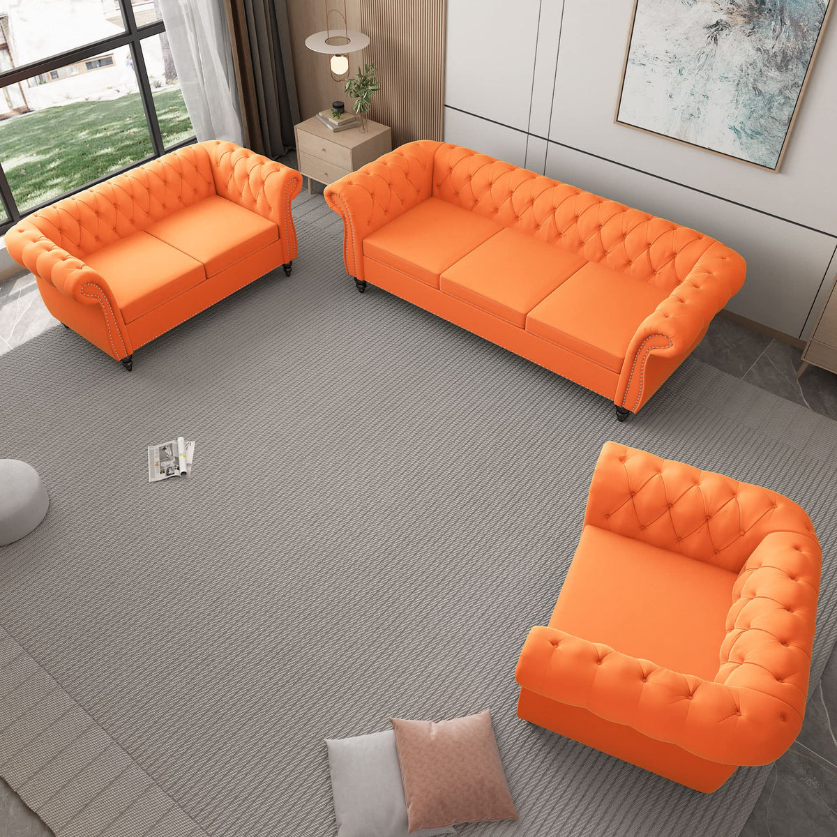 Orange Velvet Chesterfield Sofa Loveseat and Chair W1384