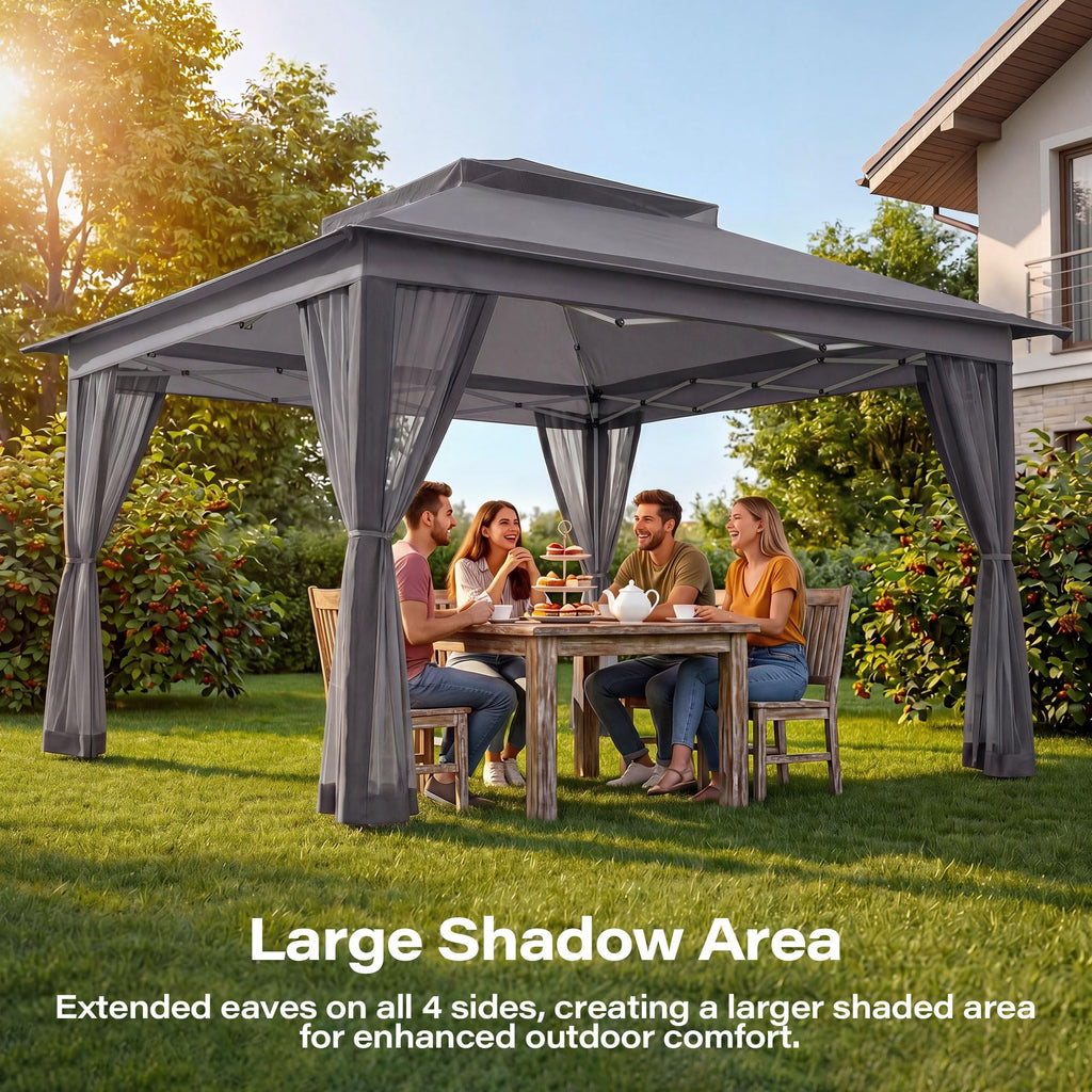11x11 Pop Up Gazebo Canopy Tent with Mosquito Netting, Adjustable Height, Gray P214865