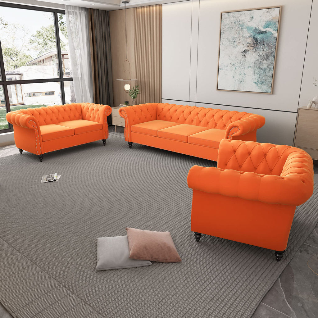 Orange Velvet Chesterfield Sofa Loveseat and Chair W1384
