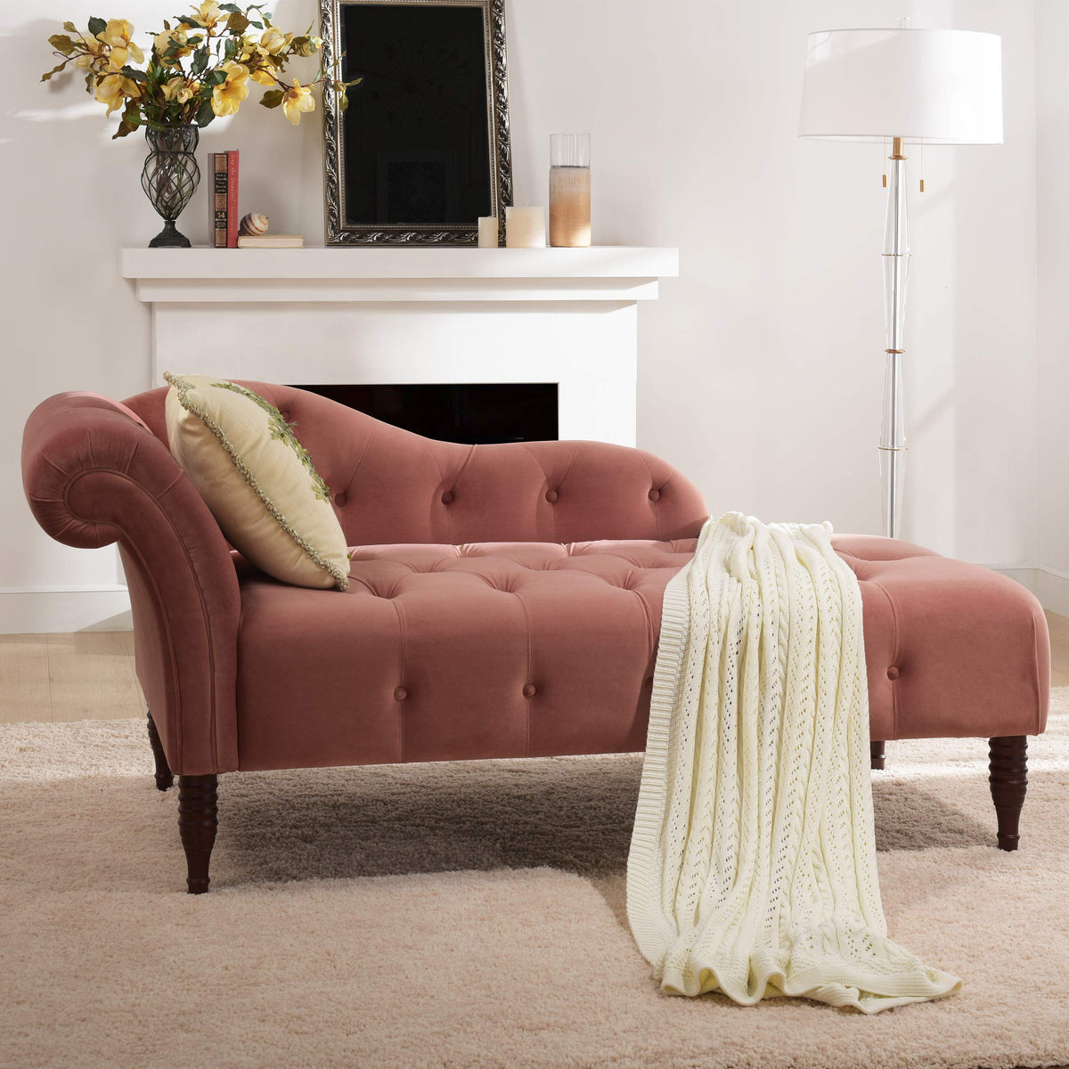 Ash Rose Pink Velvet Tufted Roll Arm Chaise Lounge R6381